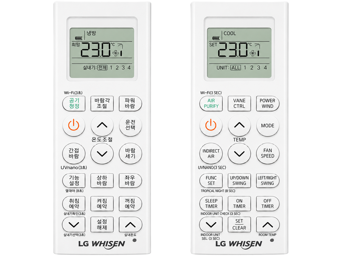 Air conditioner remote — Korean labels (left) with English translation (right)